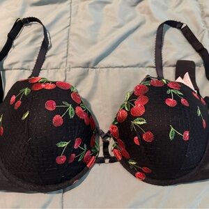 Cherry Embroidered Black Bra